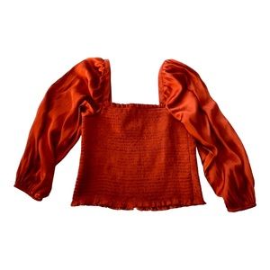 NWT J. Crew Womens Longsleeve Smocked Top Red Medium Square-Neck Cropped Blouse